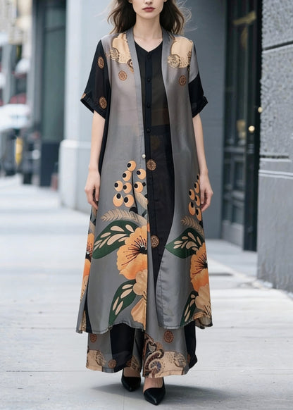 Unique Colorblock Stand Collar Patchwork Print Chiffon 2 Piece Outfit Summer
