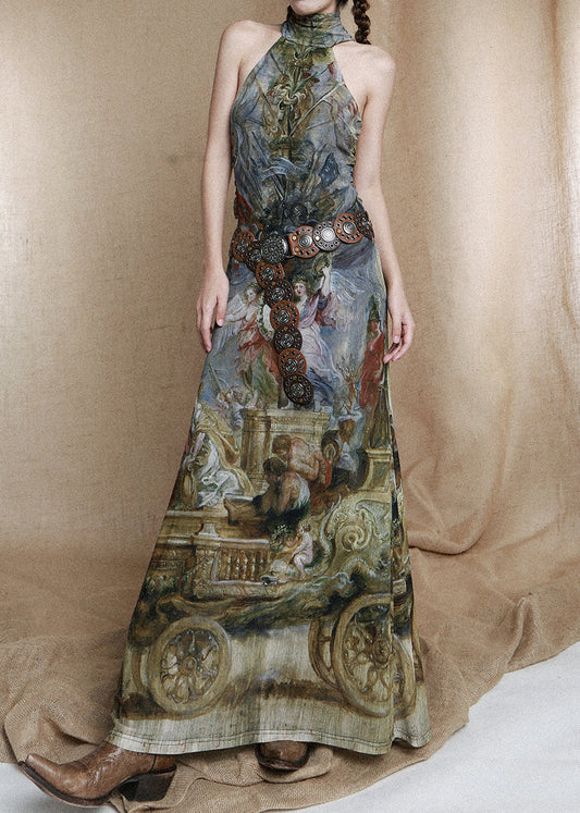 Unique Colorblock Turtleneck Print Cotton Long Dress Sleeveless