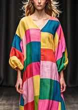 Load image into Gallery viewer, Unique Colorblock V Neck Patchwork Cotton Dress Lantern Sleeve
