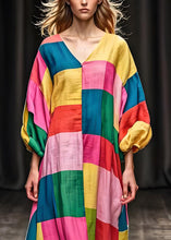 Load image into Gallery viewer, Unique Colorblock V Neck Patchwork Cotton Dress Lantern Sleeve