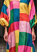 Unique Colorblock V Neck Patchwork Cotton Dress Lantern Sleeve