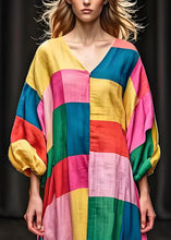 Load image into Gallery viewer, Unique Colorblock V Neck Patchwork Cotton Dress Lantern Sleeve