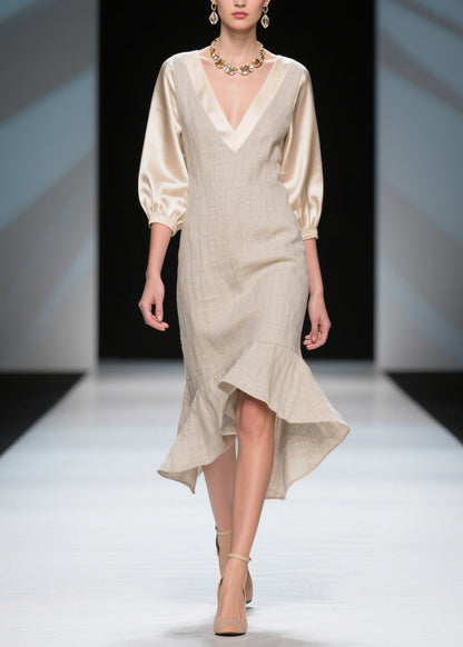 Unique Colorblock V Neck Patchwork Linen Silk Dresses Summer