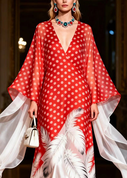 Unique Colorblock V Neck Print Chiffon Maxi Dress Summer