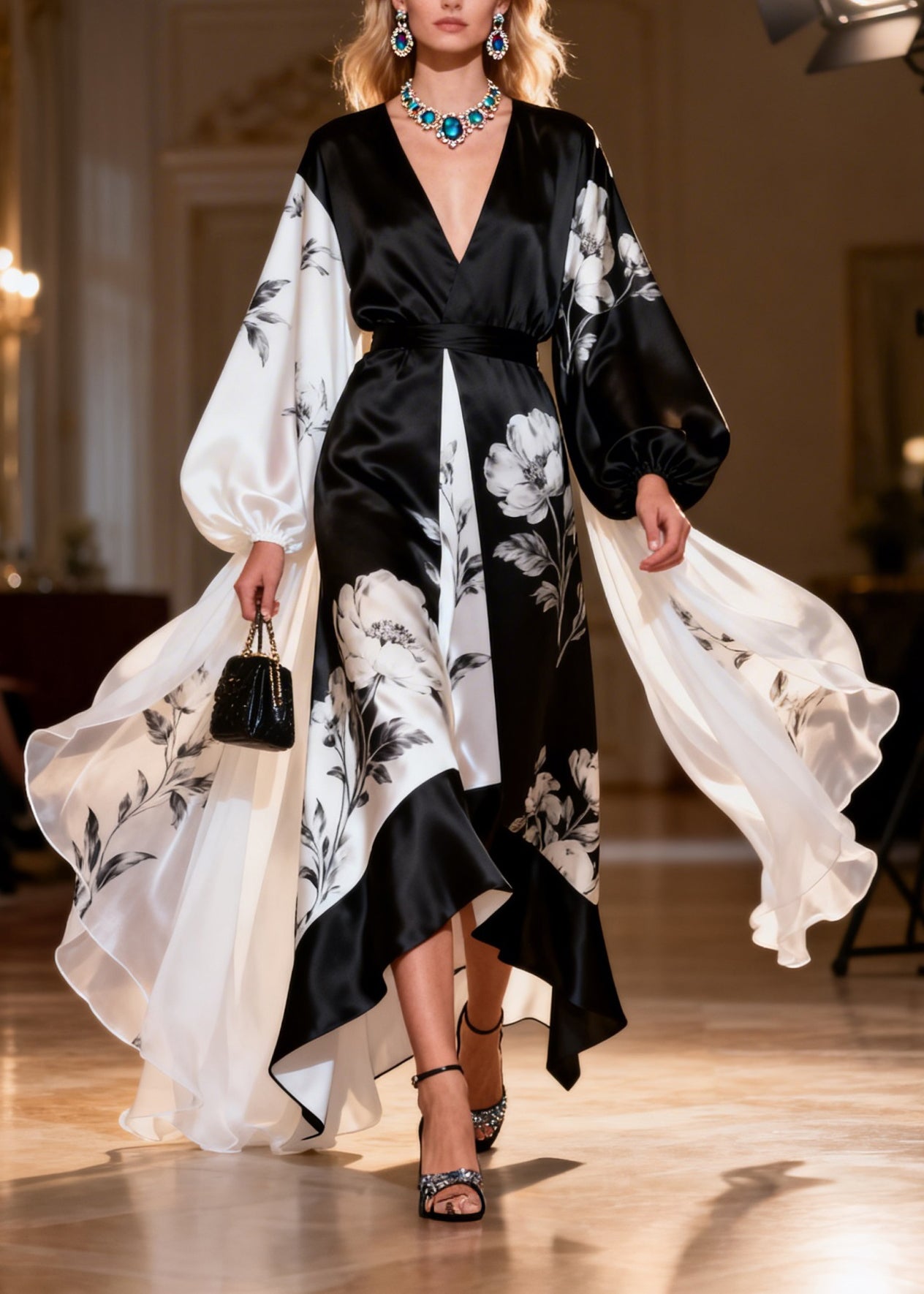 Unique Colorblock V Neck Print Patchwork Silk Dresses Lantern Sleeve