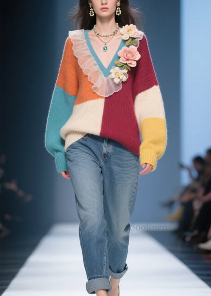 Unique Colorblock V Neck Ruffled Floral Knit Pullover Fall