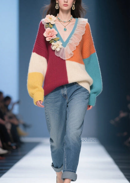 Unique Colorblock V Neck Ruffled Floral Knit Pullover Fall