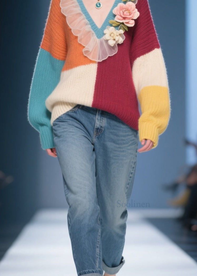 Unique Colorblock V Neck Ruffled Floral Knit Pullover Fall