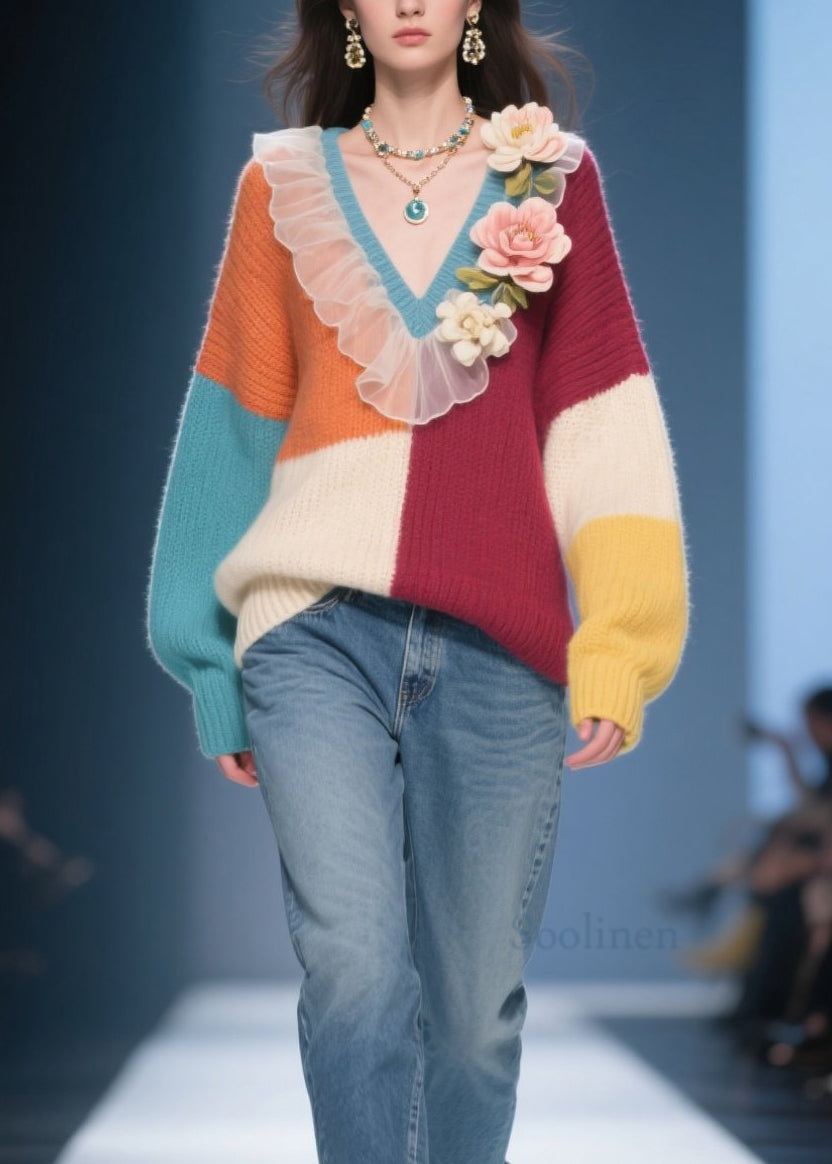 Unique Colorblock V Neck Ruffled Floral Knit Pullover Fall