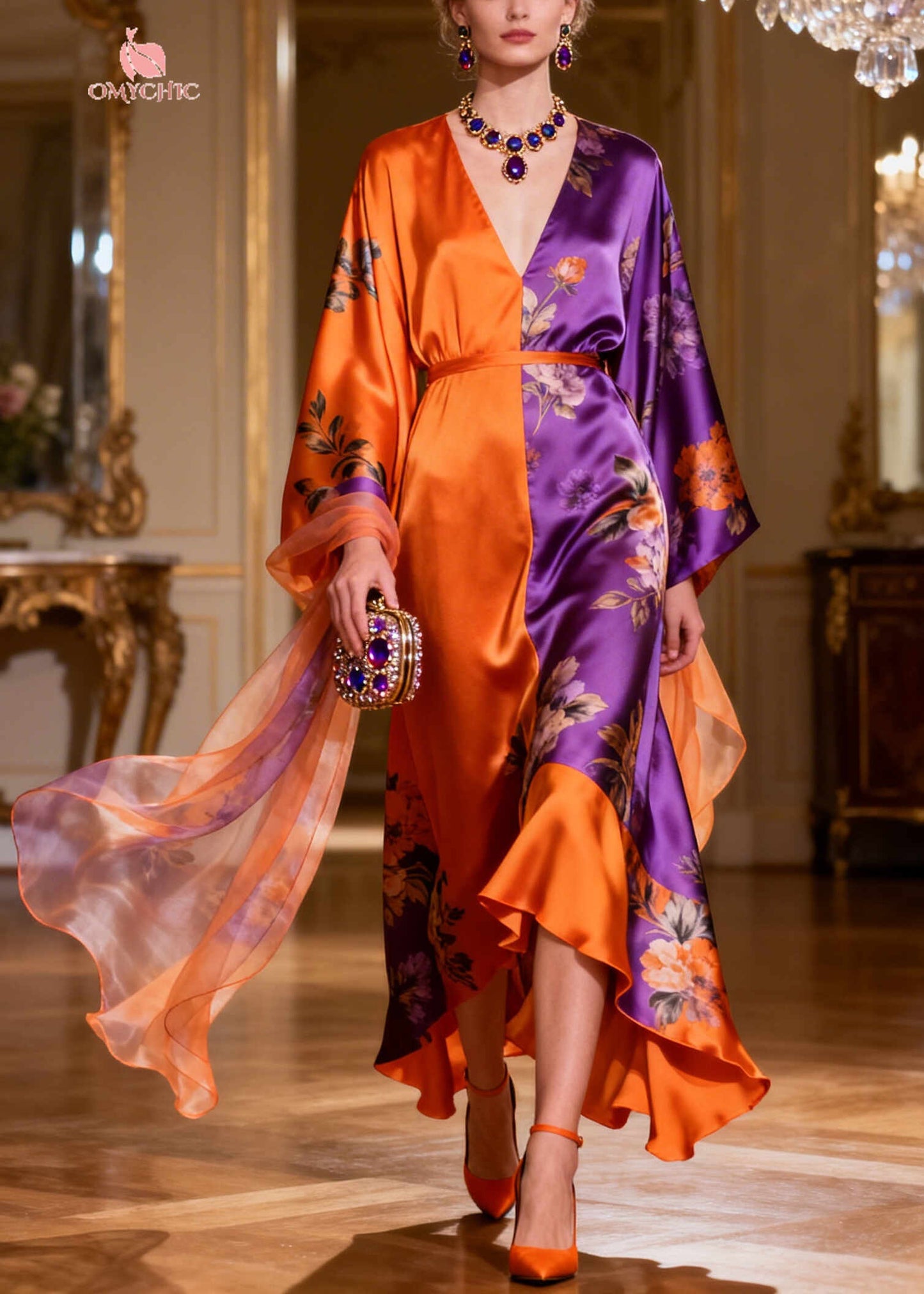 Unique ColorblockC Asymmetrical Patchwork Silk Long Dresses Summer