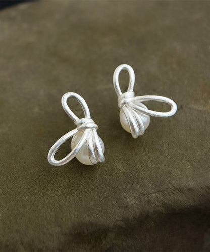 Unique Copper Overgild Bow Pearl Stud Earrings