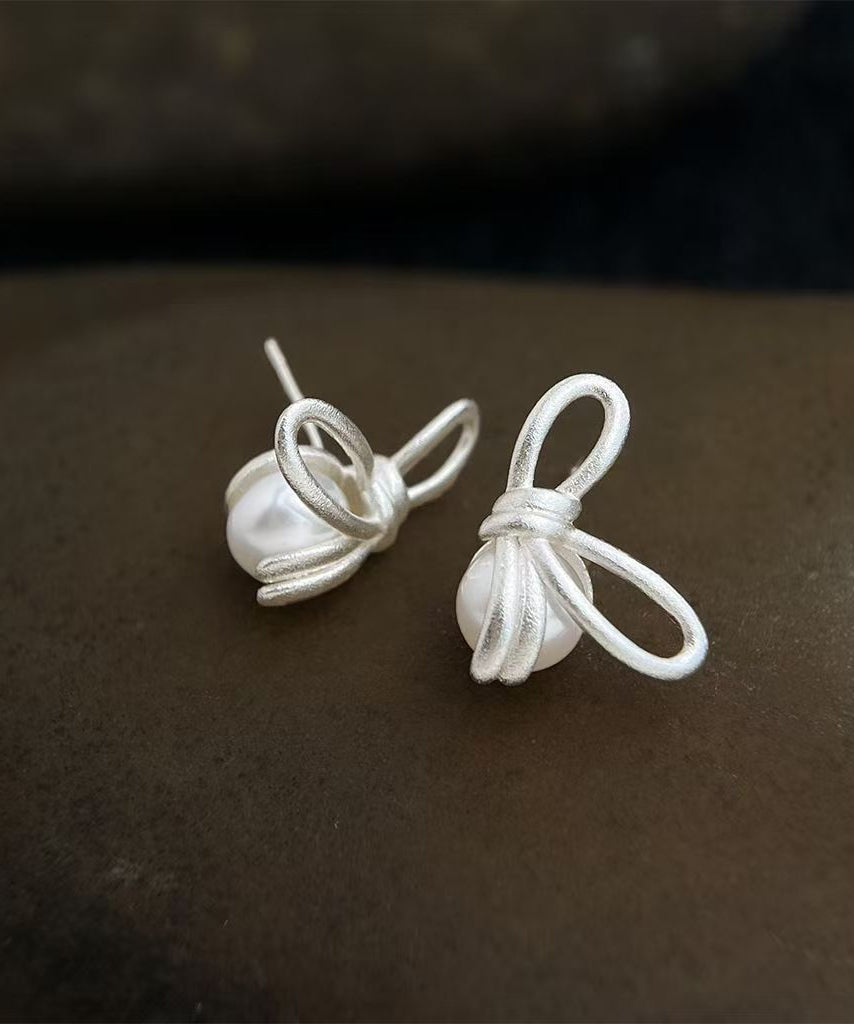 Unique Copper Overgild Bow Pearl Stud Earrings