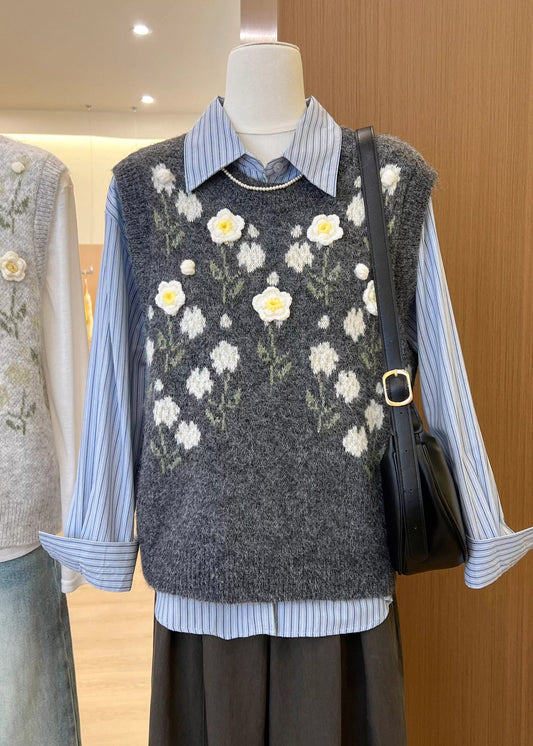 Unique Dark Grey O-Neck Embroideried Knit Vest Sleeveless