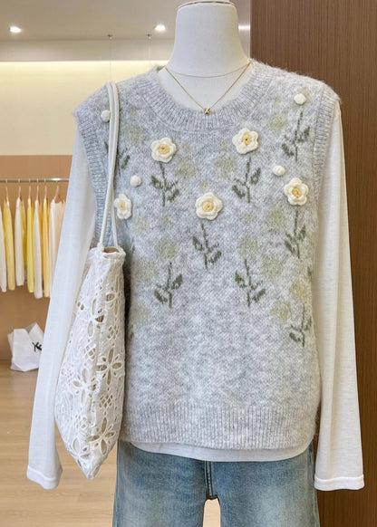 Unique Dark Grey O-Neck Embroideried Knit Vest Sleeveless