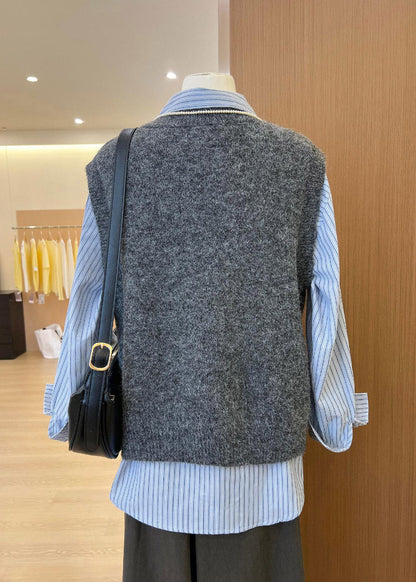 Unique Dark Grey O-Neck Embroideried Knit Vest Sleeveless