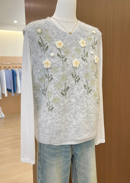 Unique Dark Grey O-Neck Embroideried Knit Vest Sleeveless