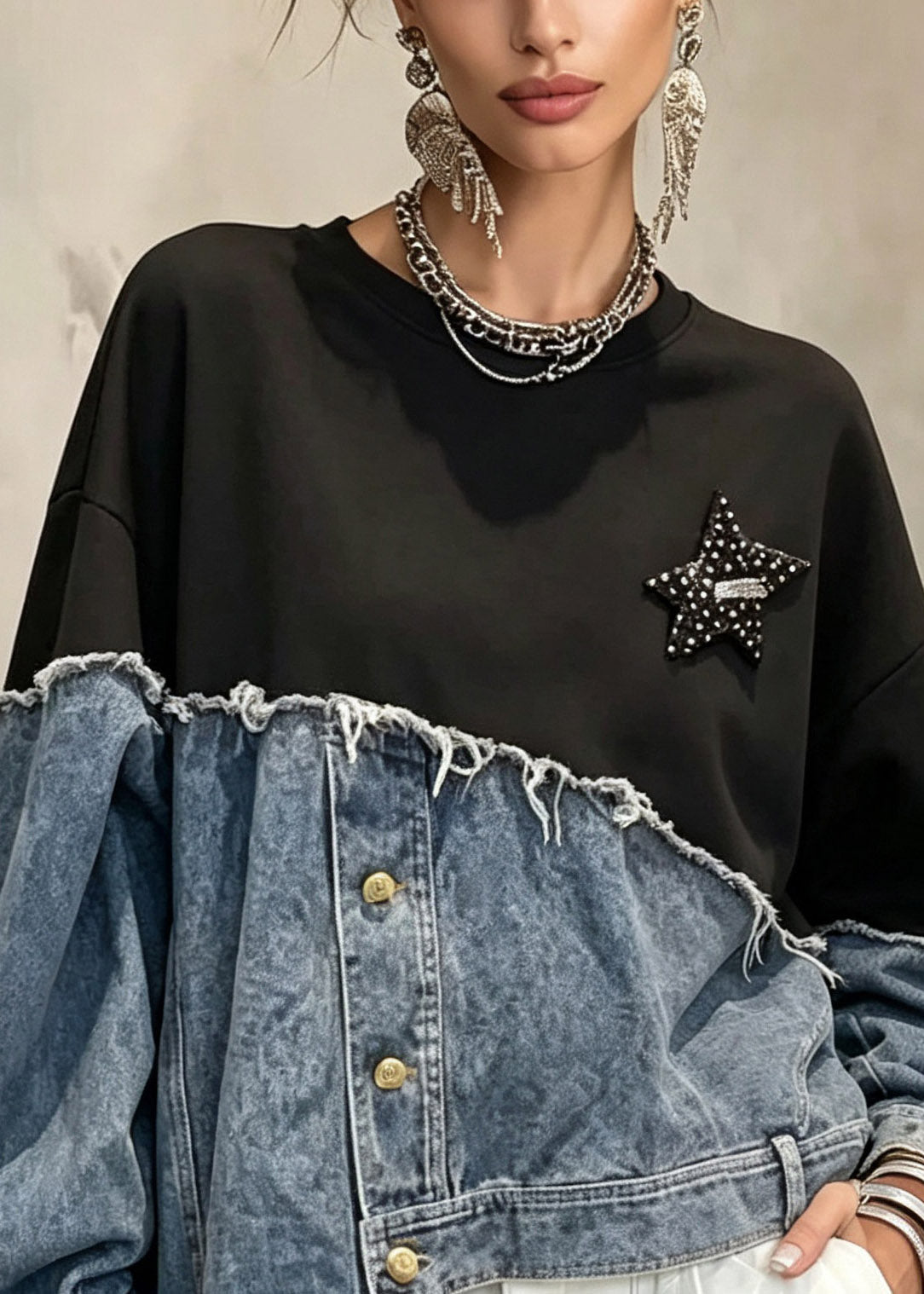 Unique Denim Blue Asymmetrical Patchwork Button Sweatshirts Fall