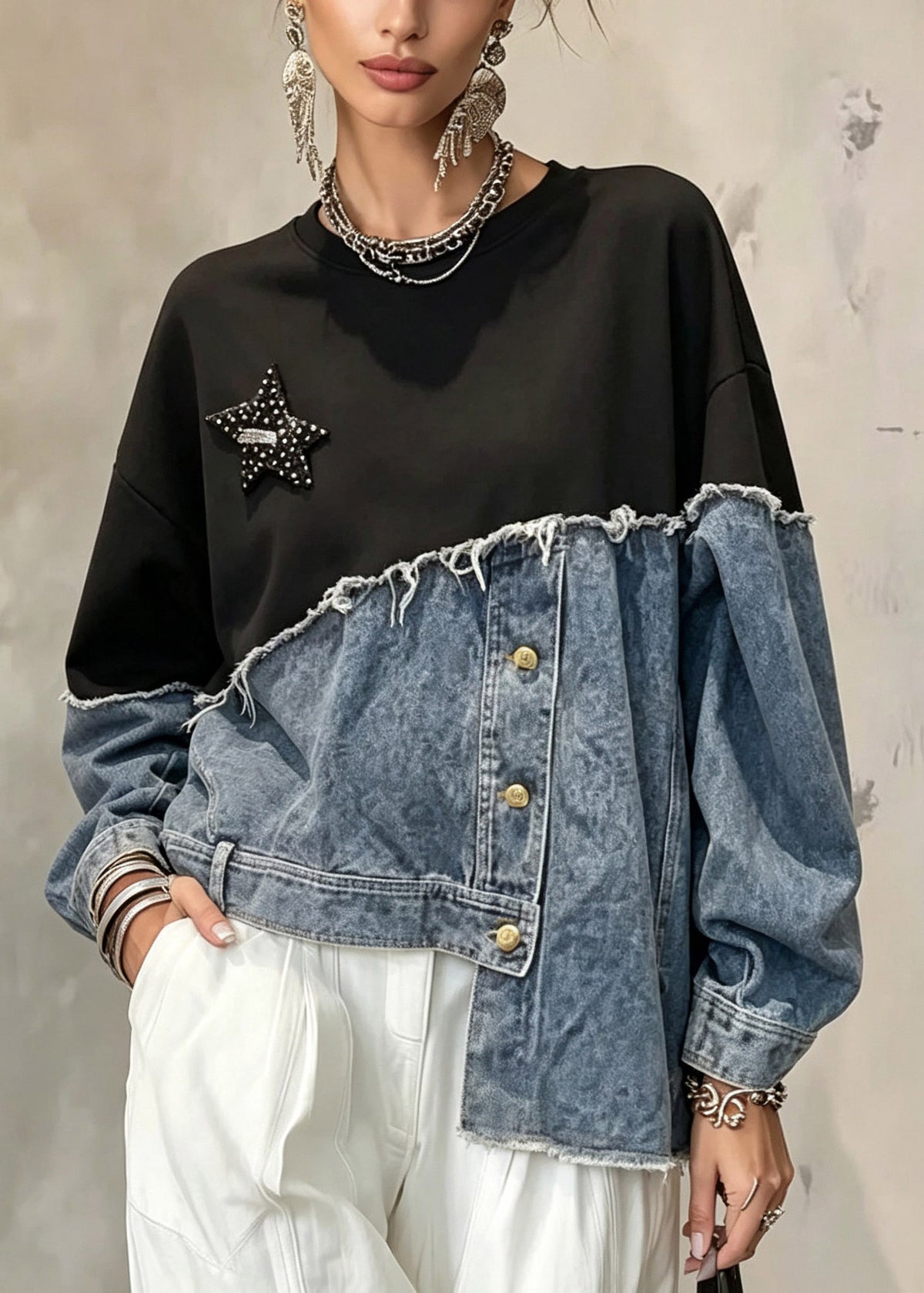 Unique Denim Blue Asymmetrical Patchwork Button Sweatshirts Fall