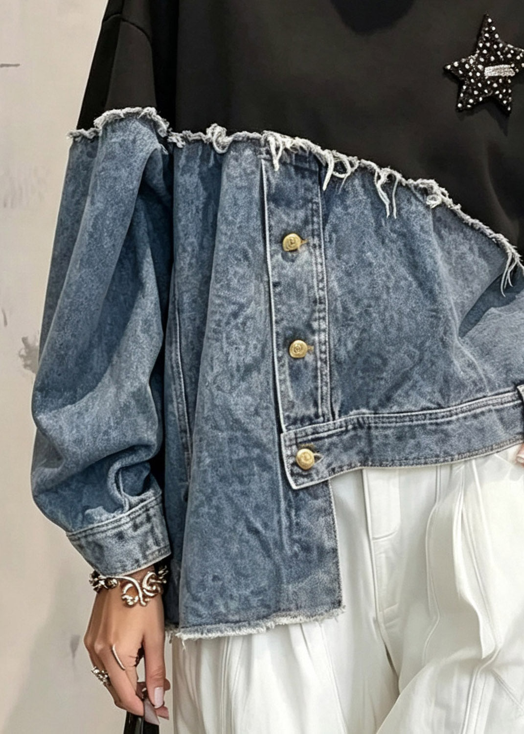 Unique Denim Blue Asymmetrical Patchwork Button Sweatshirts Fall