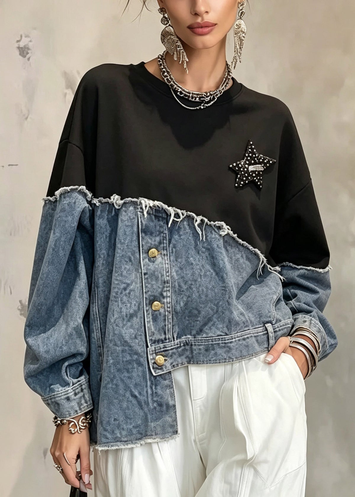 Unique Denim Blue Asymmetrical Patchwork Button Sweatshirts Fall