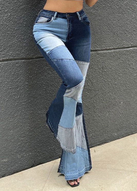 Unique Denim Blue High Waist Patchwork Flared Pants Summer