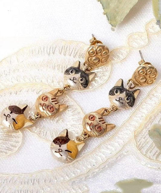 Unique Gold Alloy Resin Three Little Cats Drop Earrings