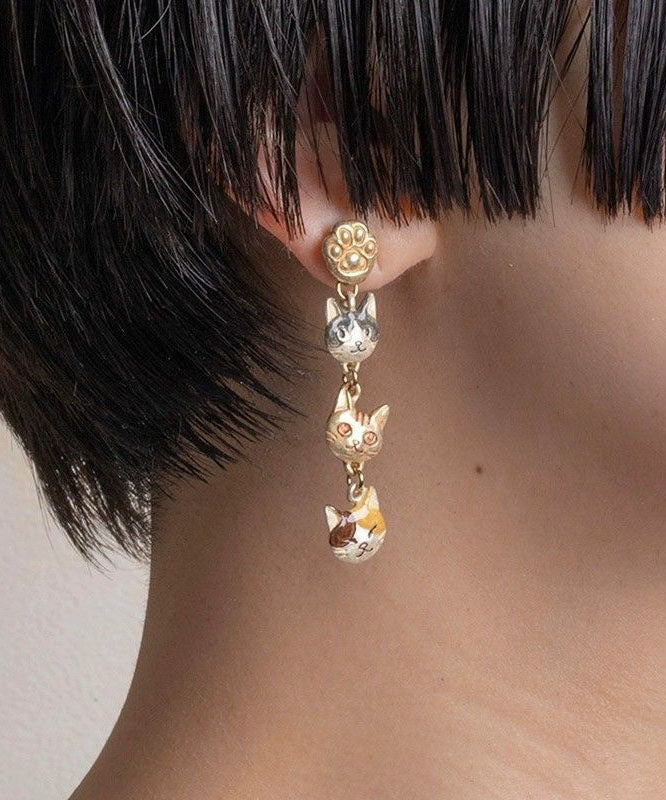 Unique Gold Alloy Resin Three Little Cats Drop Earrings