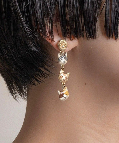 Unique Gold Alloy Resin Three Little Cats Drop Earrings