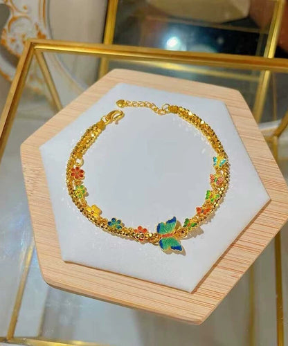 Unique Gold Ancient Gold Enamel Butterfly Floral Chain Bracelet