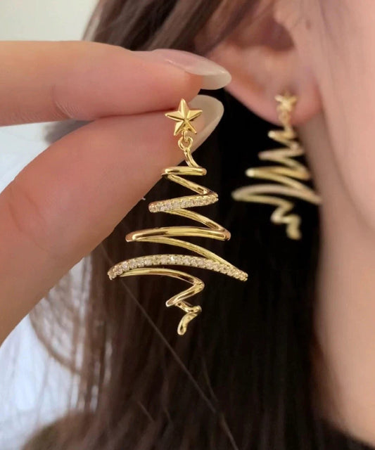 Unique Gold Copper Overgild Zircon Christmas Tree Asymmetrical Line Hoop Earrings