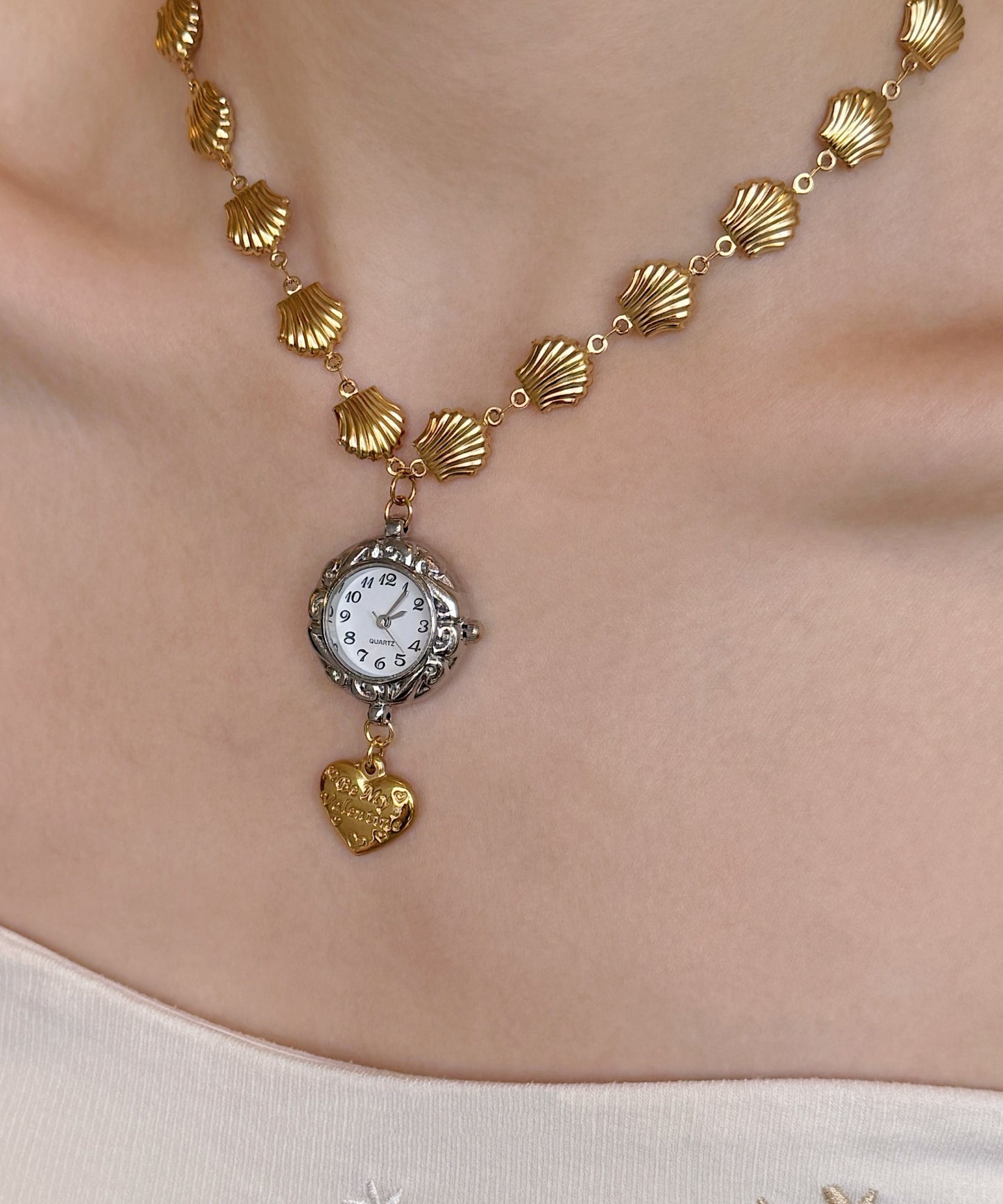 Unique Gold Stainless Steel Alloy Shell Clock Love Pendant Necklace