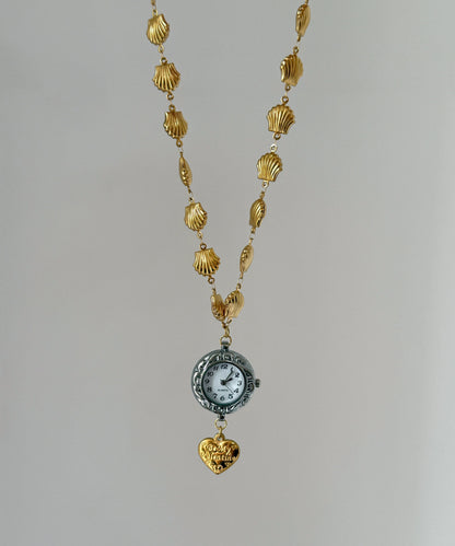 Unique Gold Stainless Steel Alloy Shell Clock Love Pendant Necklace