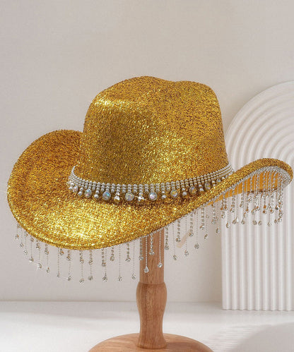 Unique Gold Tassel Zircon Large Brimmed Jazz Cowboy Hat