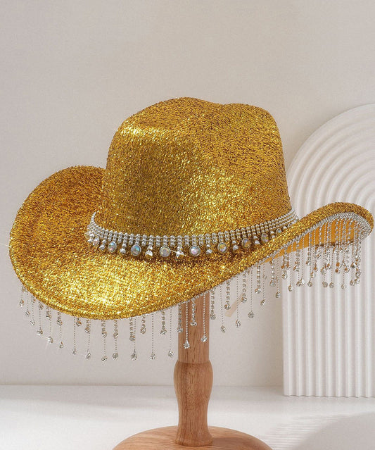 Unique Gold Tassel Zircon Large Brimmed Jazz Cowboy Hat