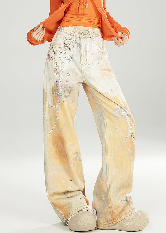 Unique Gradient Color Print Pockets Denim Wide Leg Pants Spring