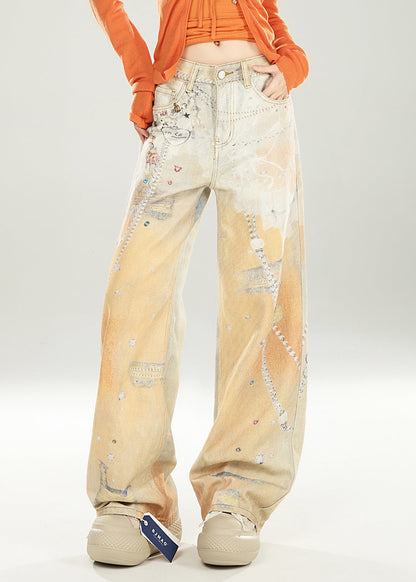 Unique Gradient Color Print Pockets Denim Wide Leg Pants Spring