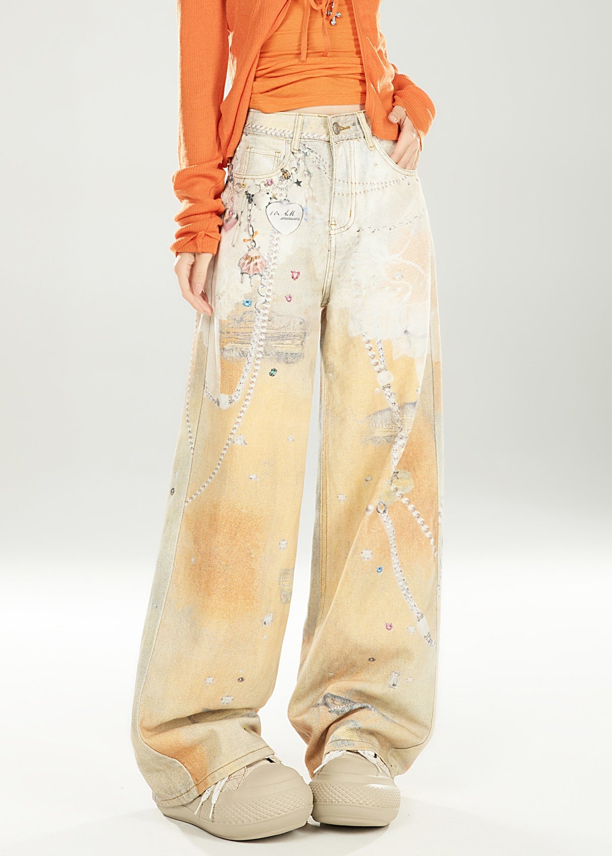 Unique Gradient Color Print Pockets Denim Wide Leg Pants Spring