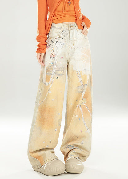 Unique Gradient Color Print Pockets Denim Wide Leg Pants Spring