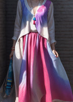 Unique Gradient Color V Neck Patchwork Silk Long Dresses Summer