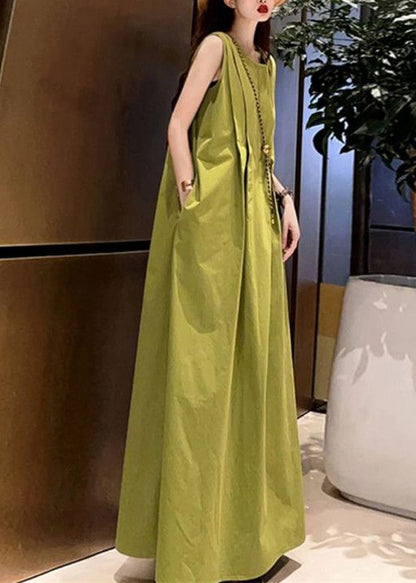 Unique Grass Green O-Neck Cotton Maxi Dresses Sleeveless