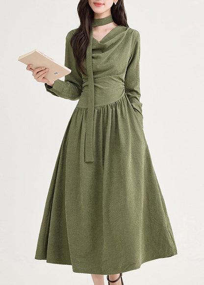 Unique Green Asymmetrical Tie Waist Dress Long Sleeve