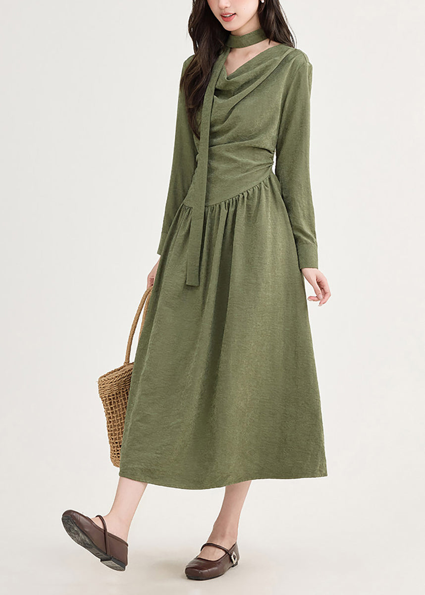 Unique Green Asymmetrical Tie Waist Dress Long Sleeve