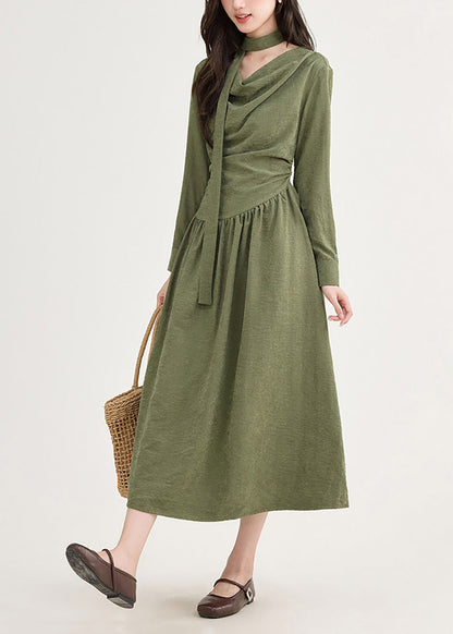 Unique Green Asymmetrical Tie Waist Dress Long Sleeve