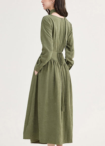 Unique Green Asymmetrical Tie Waist Dress Long Sleeve