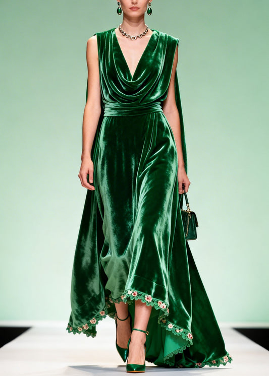 Unique Green Draped Neckline Floral Patchwork Velvet Dress Sleeveless