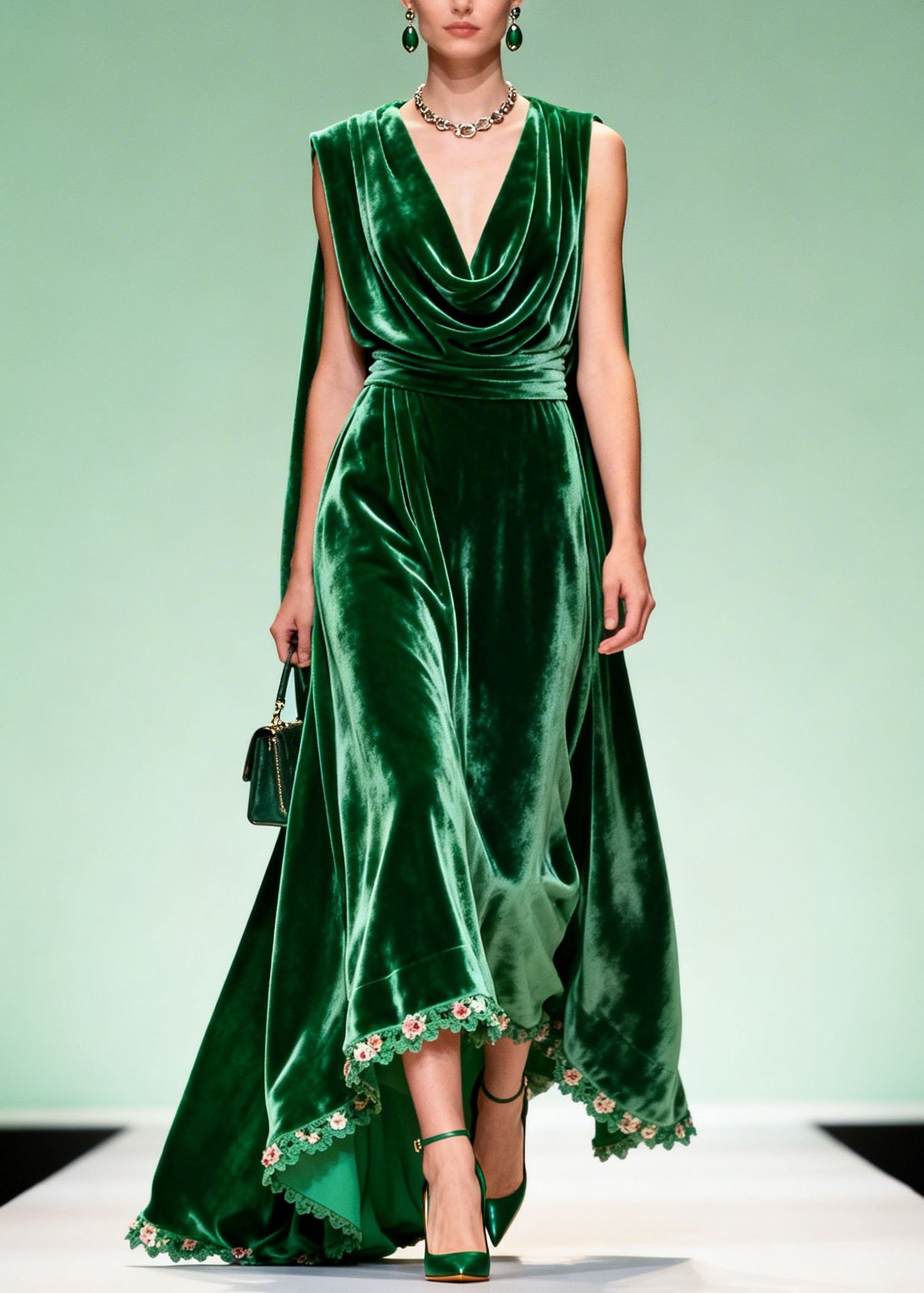 Unique Green Draped Neckline Floral Patchwork Velvet Dress Sleeveless