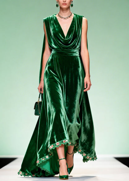 Unique Green Draped Neckline Floral Patchwork Velvet Dress Sleeveless