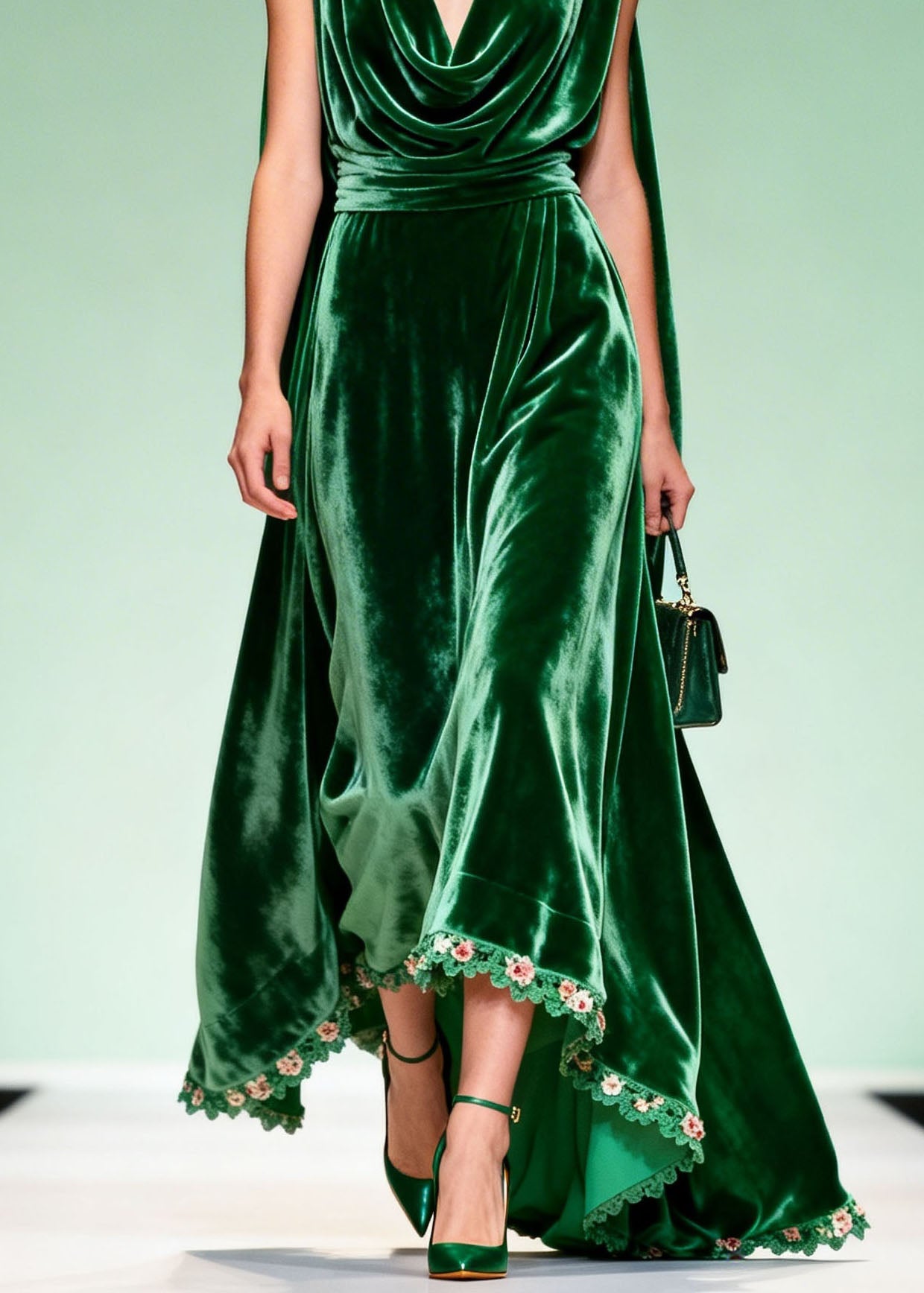 Unique Green Draped Neckline Floral Patchwork Velvet Dress Sleeveless