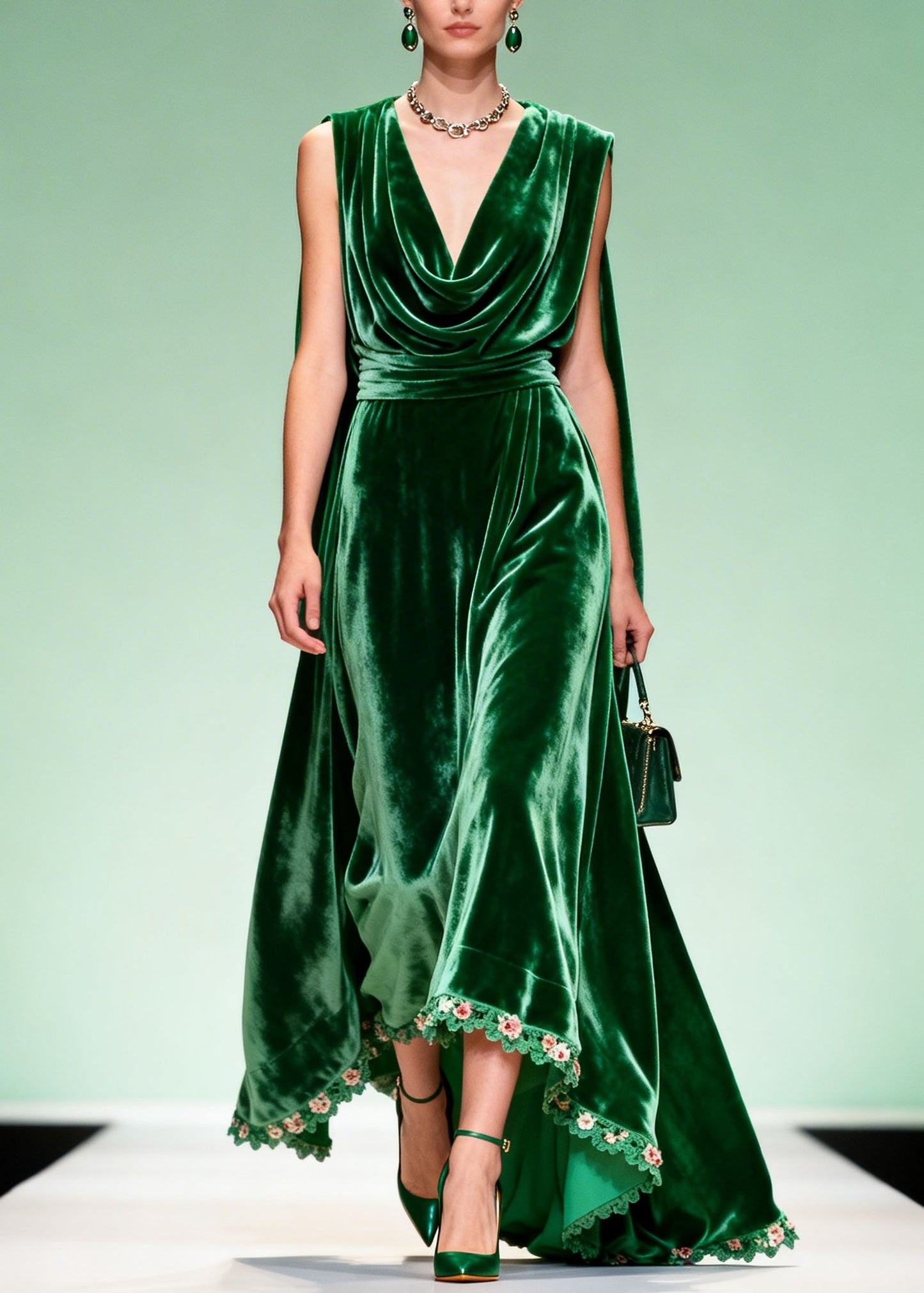 Unique Green Draped Neckline Floral Patchwork Velvet Dress Sleeveless