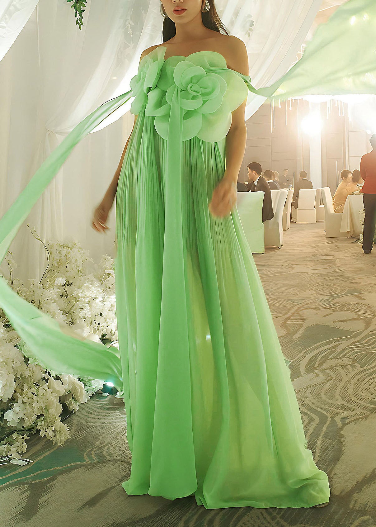 Unique Green Floral Wrinkled Chiffon Long Dress Sleeveless